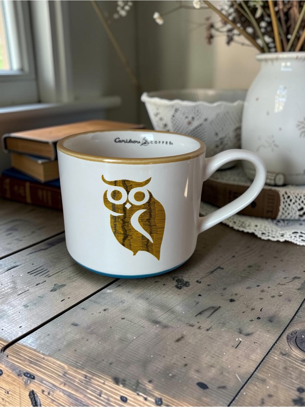 Caribou Coffee 2013 Owl Ceramic Mug Cream Gold Wide Mouth 12oz VTG